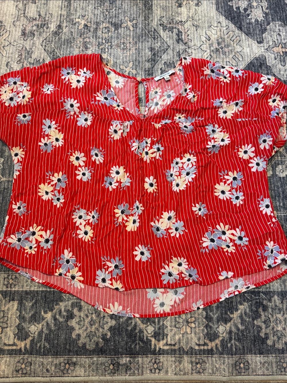 Madewell Red Floral Short-Sleeve Keyhole Blouse